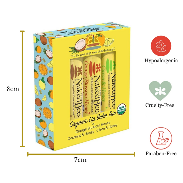 The Naked Bee Organic Lip Balm Trio Gift Set Orange Blossom, Coconut, Citron & Honey