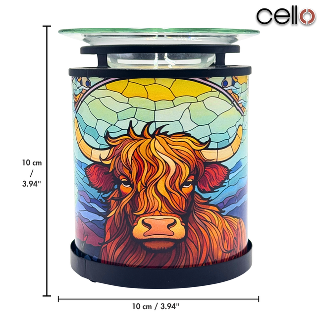 Cello Highland Cow Tealight Wax Warmer with stained glass-style design and glass dish, 10cm wax melt holder – ideal Highland cow gift or cow lamp for her.