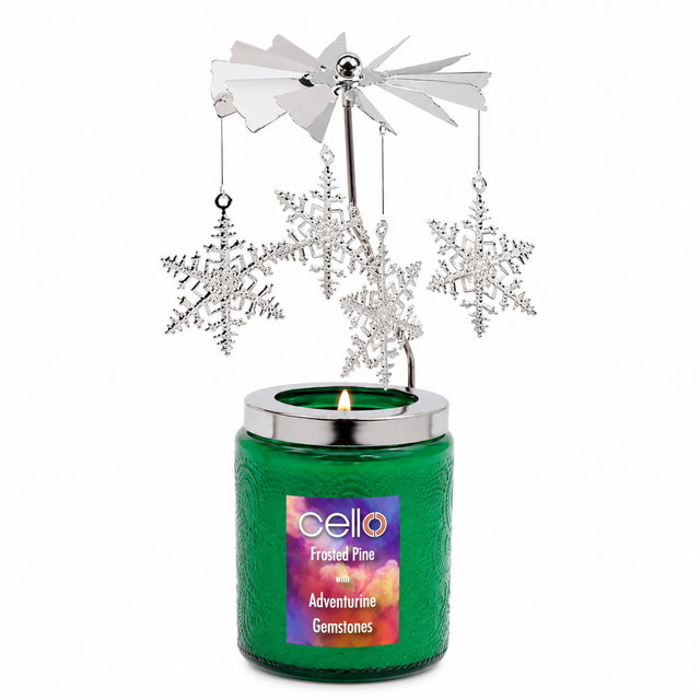 Cello Gemstone Candle with Convection Spinner 200g - Frosted Pine With Adventurine