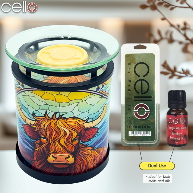 Dual-use Cello Highland Cow Tealight Wax Warmer with wax melt and fragrance oil, a unique Highland cow lamp and home fragrance gift idea for her.