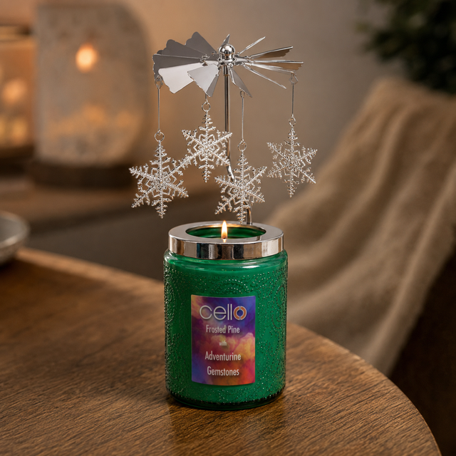 Cello Gemstone Candle with Convection Spinner 200g - Frosted Pine With Adventurine