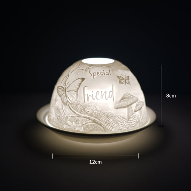Cello porcelain tealight holder dome featuring the 'Special Friend' design over a woodland backdrop with wild mushrooms and flowers. Dimensions: 8cm height, 12cm width, displayed against a dark background