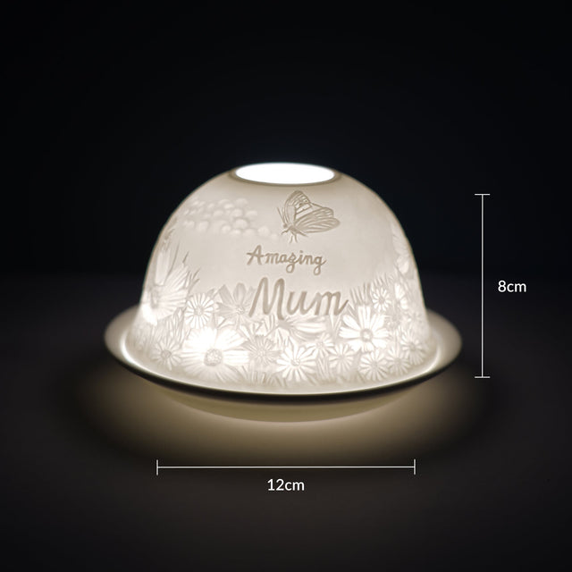 Cello porcelain tealight holder dome featuring the 'Amazing Mum' design surrounded by wildlife. Dimensions: 8cm height, 12cm width, displayed against a dark background.