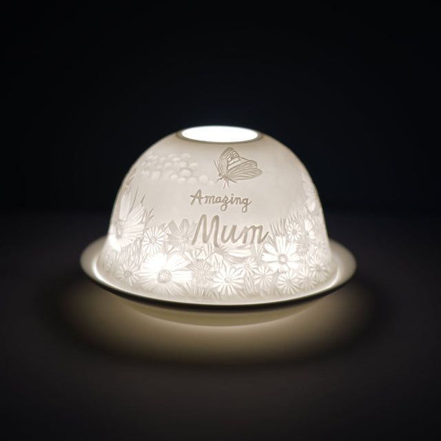 Cello porcelain tealight holder dome, in our amazing Mam design. This design displays the text "Amazing Mum" surrounded by wildlife, interesting mother's day gift.