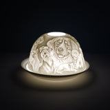 Cello porcelain tealight holder dome, in our Dog design. This design displays different breeds of dogs all over the dome, the perfect gift for a dog lover or owner. We offer a wide range of porcelain tealight holders to let you choose your show-stopping piece and show it off with pride when guests and family are over. 
