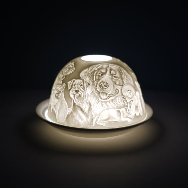 Cello porcelain tealight holder dome, in our Dog design. This design displays different breeds of dogs all over the dome, the perfect gift for a dog lover or owner. We offer a wide range of porcelain tealight holders to let you choose your show-stopping piece and show it off with pride when guests and family are over. 