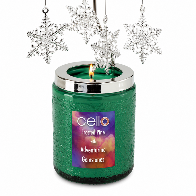 Cello Gemstone Candle with Convection Spinner 200g - Frosted Pine With Adventurine