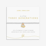 Joma Jewellery 'Three Generations' bracelet with a 3 colour heart charms on a white card with gold text