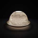 Cello porcelain tealight holder dome, in our Worlds Best Dad design. This design displays an image of a father and child surrounded by wilderness with text displaying Worlds Best Dad.  We offer a wide range of porcelain tealight holders to let you choose your show-stopping piece.