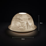 Cello porcelain tealight holder dome featuring a father and child surrounded by wilderness with the text 'World's Best Dad.' Dimensions: 8cm height, 12cm width, displayed against a dark background.