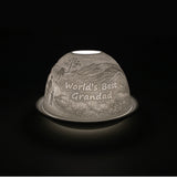 Cello porcelain tealight holder dome, in our Worlds Best Grandad design. This design displays an image of a grandfather and child surrounded by wilderness with text displaying Worlds Best Grandad. We offer a wide range of porcelain tealight holders to let you choose your show-stopping piece.