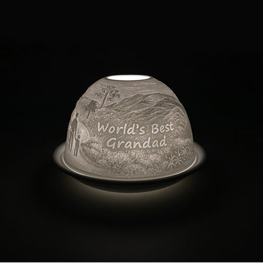 Cello porcelain tealight holder dome, in our Worlds Best Grandad design. This design displays an image of a grandfather and child surrounded by wilderness with text displaying Worlds Best Grandad. We offer a wide range of porcelain tealight holders to let you choose your show-stopping piece.
