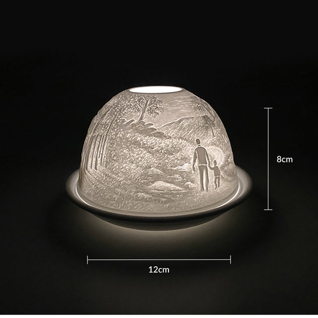 Cello porcelain tealight holder dome featuring a grandfather and child surrounded by wilderness with the text 'World's Best Grandad.' Dimensions: 8cm height, 12cm width, displayed against a dark background