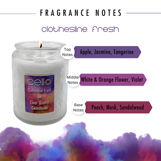 Cello Gemstone Candle - Clothesline Fresh with Clear Quartz