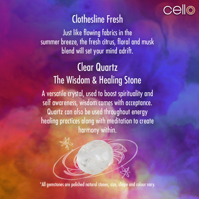 Cello Gemstone Candle - Clothesline Fresh with Clear Quartz