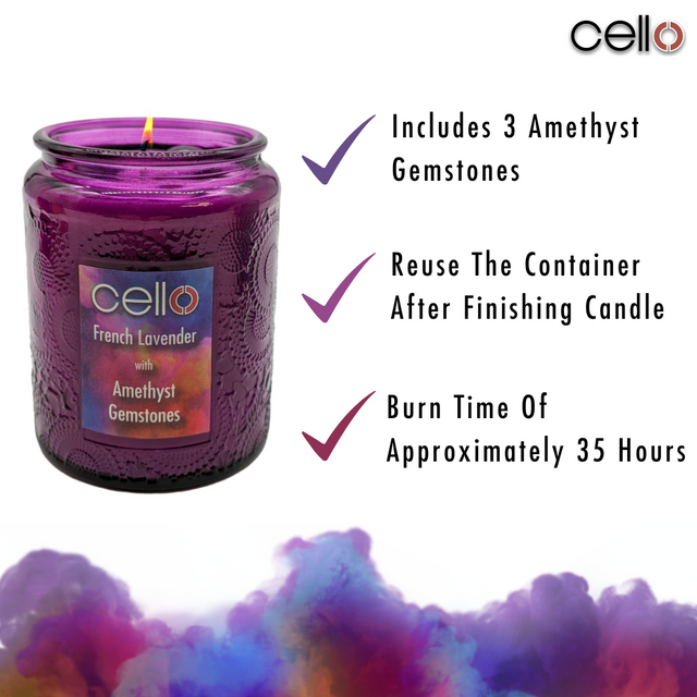 Cello Gemstone Candle -  French Lavender with Amethyst