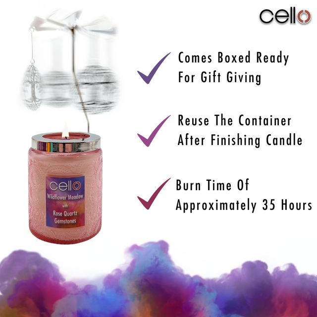 Cello Gemstone Candle with Convection Spinner - Wildflower Meadow with Rose Quartz