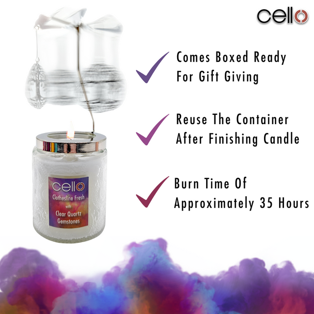 Cello Gemstone Candle with Convection Spinner - Clothesline Fresh with Clear Quartz