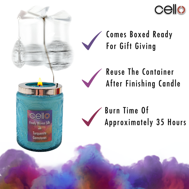 Cello Gemstone Candle with Convection Spinner - Finely Woven Silk with Turquenite