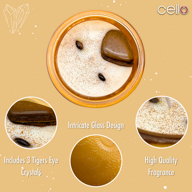 Cello Gemstone Candle with Convection Spinner -  Valencia Orange with Tiger's Eye