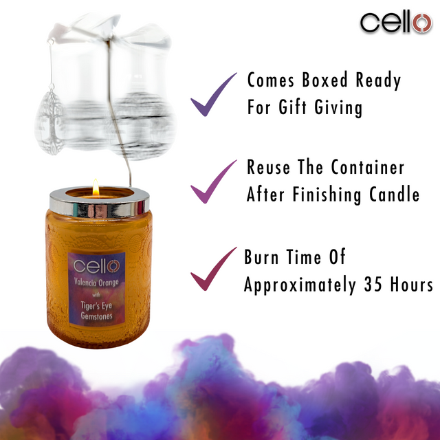 Cello Gemstone Candle with Convection Spinner -  Valencia Orange with Tiger's Eye