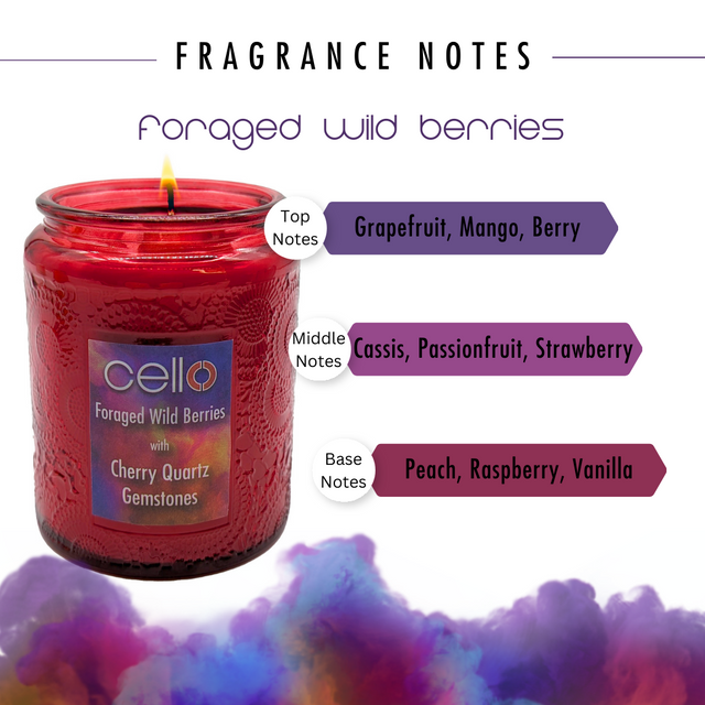 Cello Gemstone Candle with Convection Spinner -  Foraged Wild Berries with Cherry Quartz