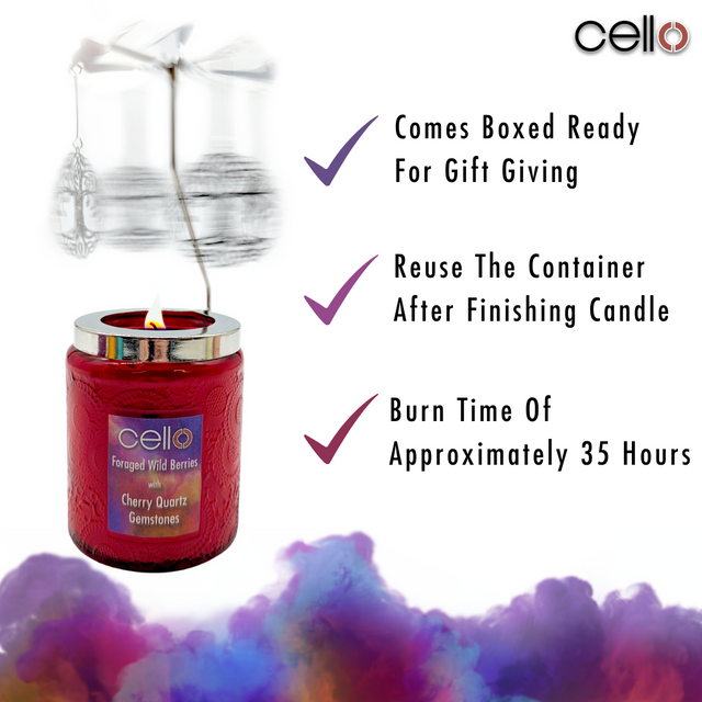 Cello Gemstone Candle with Convection Spinner -  Foraged Wild Berries with Cherry Quartz