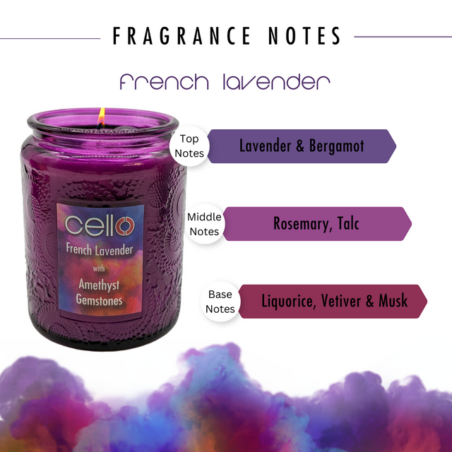 Cello Gemstone Candle with Convection Spinner - French Lavender with Amethyst