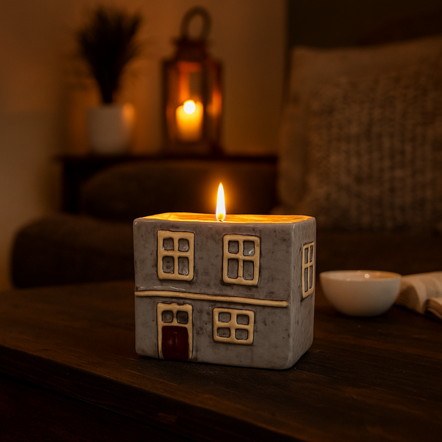 Cello Home Candle -wildflower garden in grey cottage design on a wooden table, showing benefits text: scented candle long-burning time, removable roof, and ambient lighting.