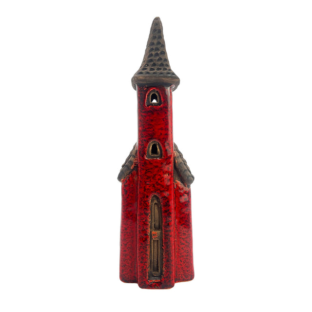 Front view of the Crimson Tower village pottery house in crimson ceramic with tall pointed roof and narrow arched door.