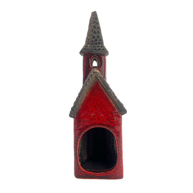 Rear view of the Crimson Tower ceramic tealight holder showing open back for tealight placement and smooth glazed surface.