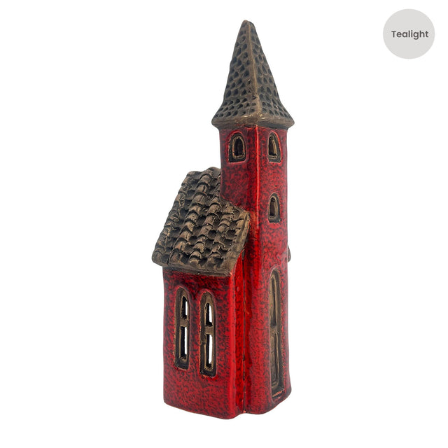 Side view of the Crimson Tower ceramic tealight holder in deep red glaze with tall roof and handcrafted detail.