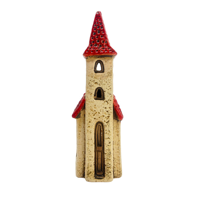Front view of the Ivory Tower ceramic tealight house featuring tall spire, slender windows, and rustic ivory stone finish.