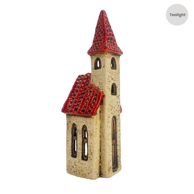 Side view of the Cello Tales from the Village Ivory Tower tealight holder with red roof tiles and arched window cut-outs.