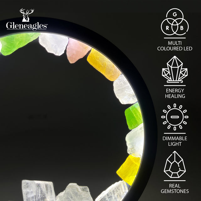 Gleneagles Circle Earth Mixed Mineral LED Lamp showcasing key features including dimmable LED light, USB power, and calming crystal illumination.