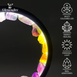 Gleneagles Mixed Minerals Crystal Lamp showing features like dimmable LED light, USB power, and genuine healing stones.
