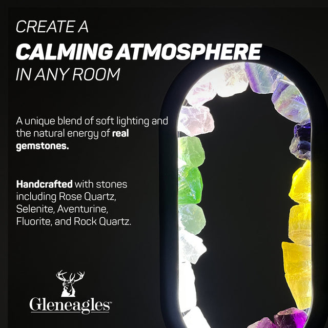 Gleneagles Oval Earth LED Lamp collection featuring Mixed Minerals, Rose Quartz, Rock Quartz, and Green Fluorite crystal variations.