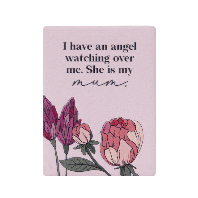ceramic magnet with floral design and text on a pink background as unique gift for mother's day