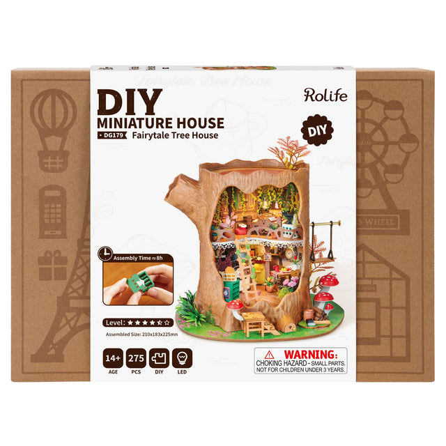 Rolife kits DIY miniature house DG179 kit packaging with treehouse design Robotime