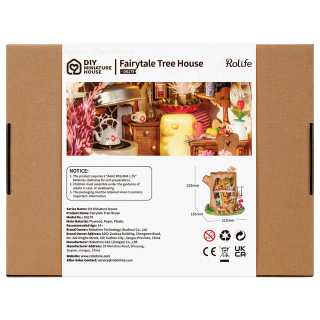 Rolife kits DIY miniature fairytale tree house DG179 packaging with product images and text Robotime