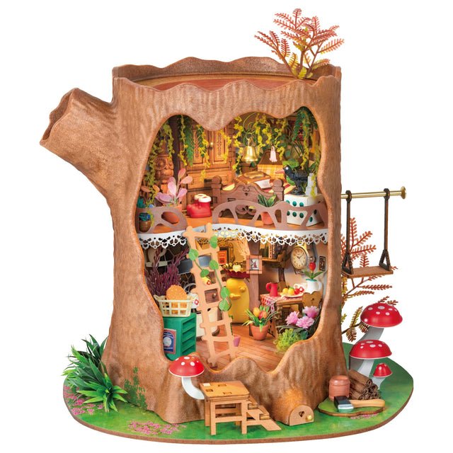 DG179 Robotime Rolife kits Wooden fairytale treehouse model with miniature furniture and decorations on a white background