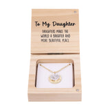 Splosh Heart & Soul Necklace – To My Daughter displayed in an open wooden gift box with gold-plated necklace and heartfelt message card inside.