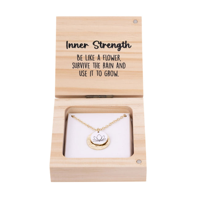 Splosh Heart & Soul Necklace – Strength displayed in an open wooden gift box with gold-plated necklace and “Inner Strength” message card inside.