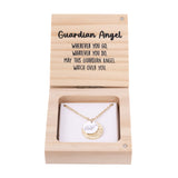 Splosh Heart & Soul Necklace – Guardian Angel displayed in an open wooden gift box with gold-plated necklace and “Guardian Angel” message card inside.