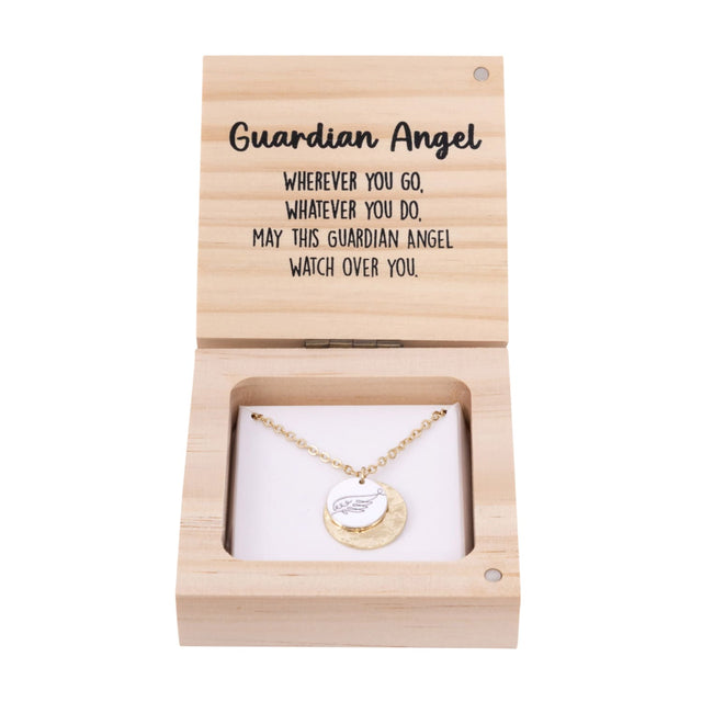 Splosh Heart & Soul Necklace – Guardian Angel displayed in an open wooden gift box with gold-plated necklace and “Guardian Angel” message card inside.