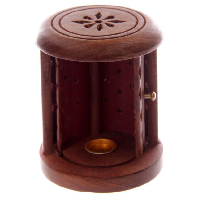 Incense Cone Burner - Barrel Sheesham Wood Carved with Door