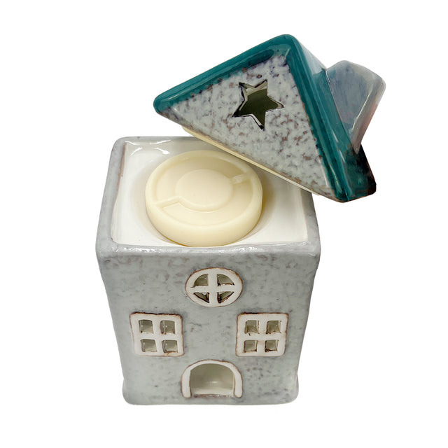 Star Cottage ceramic house in green and grey shown with removable roof for refilling fragrance oils or inserting soy wax melts or wax melts.