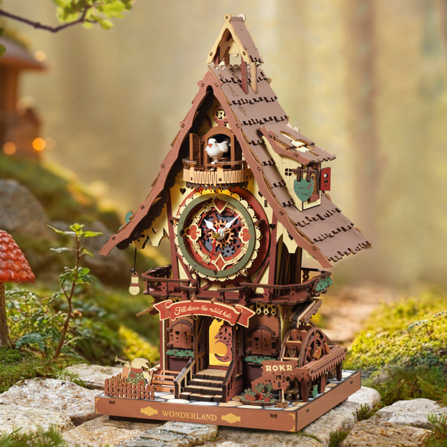 LC901C ROBOTIME ROKR Models Wooden cuckoo clock model in a forest setting