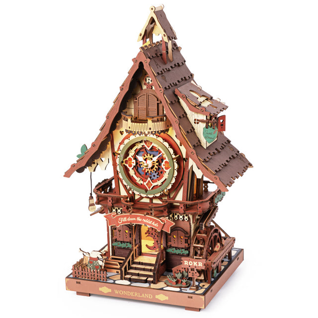 LC901C ROBOTIME ROKR MODELS Wooden cuckoo clock model on a white background