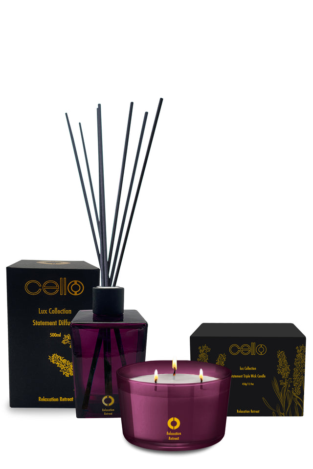 Cello Premium Reed Diffuser & 3 Wick Candle Set - Relaxation Retreat Set